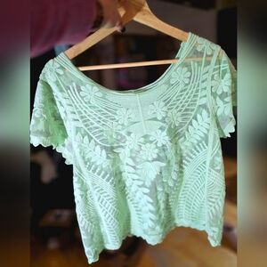 Express Mint Green Sheer Lace Top- Floral Embroidery Size Lg